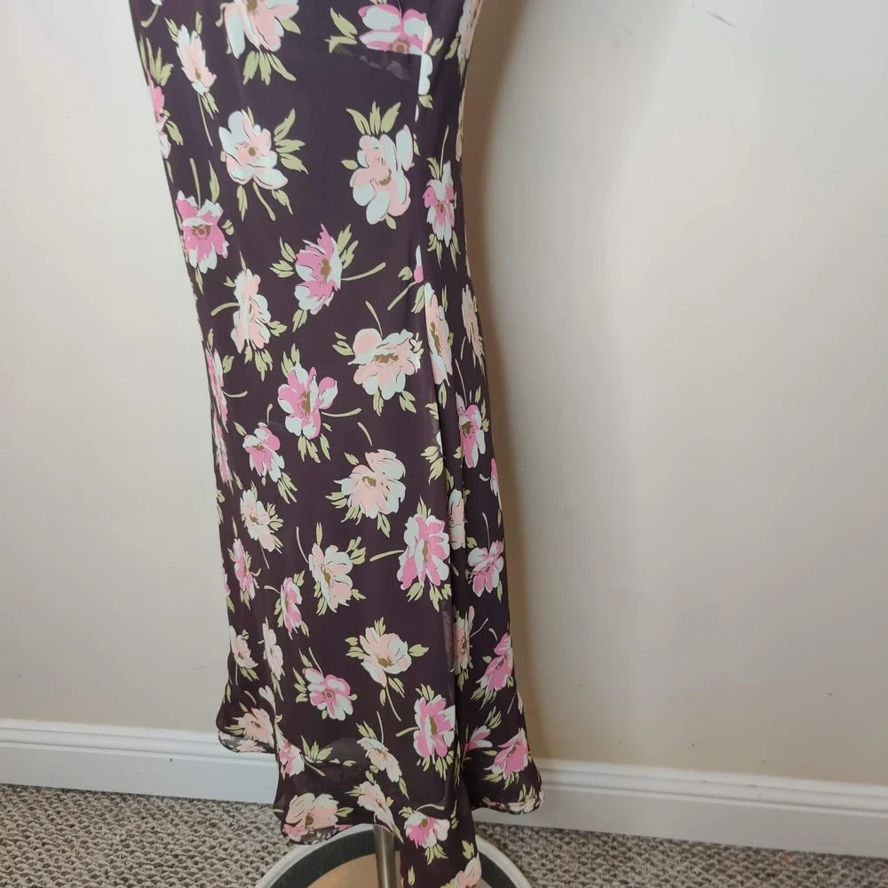 LOFT Floral‎ Dress Sleeveless Ruffled Hem Brown Pink